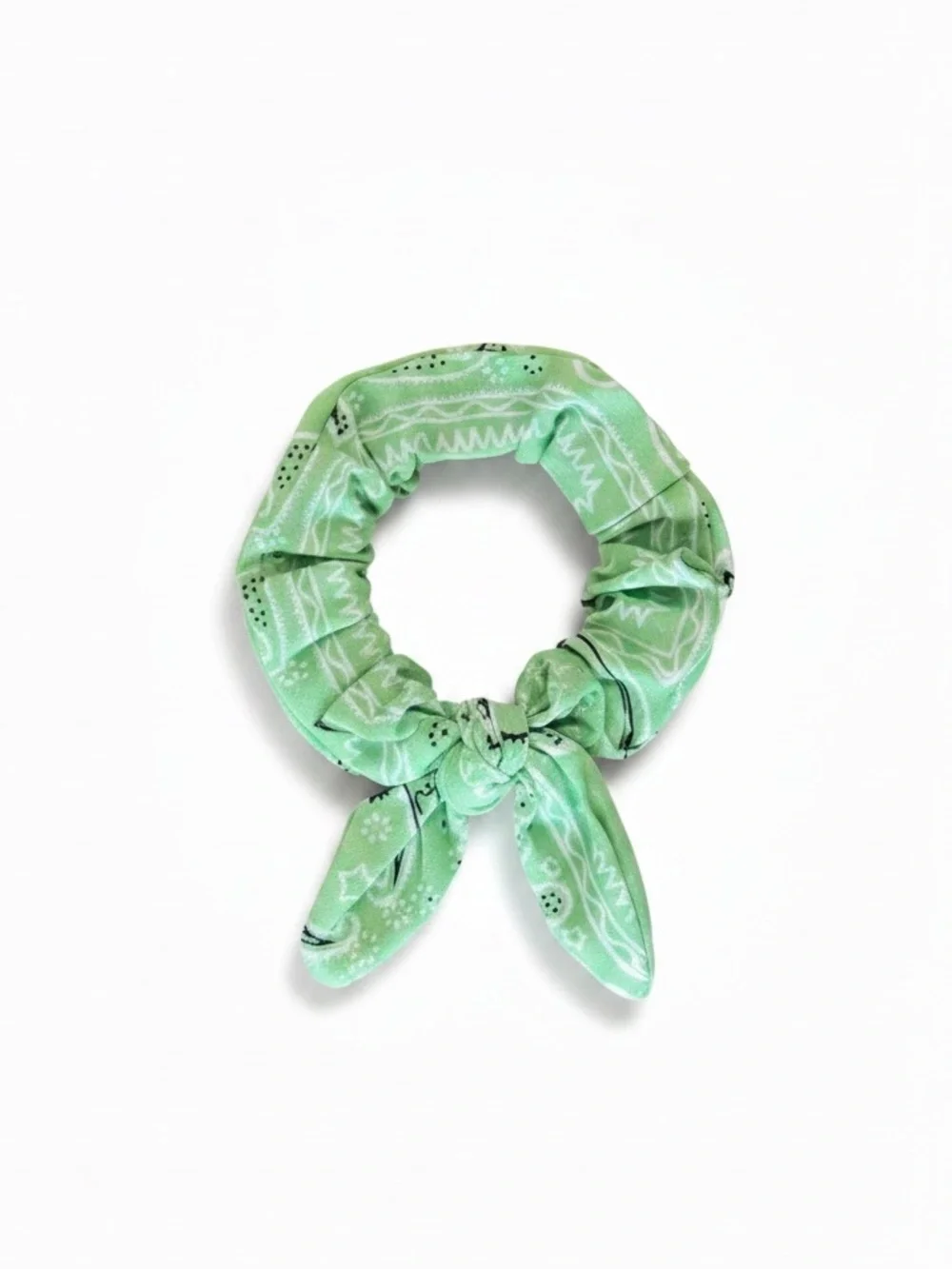 Mint Green Paisley Bandana Floral Flower Western Wired Trailing Ribbon Scrunchie